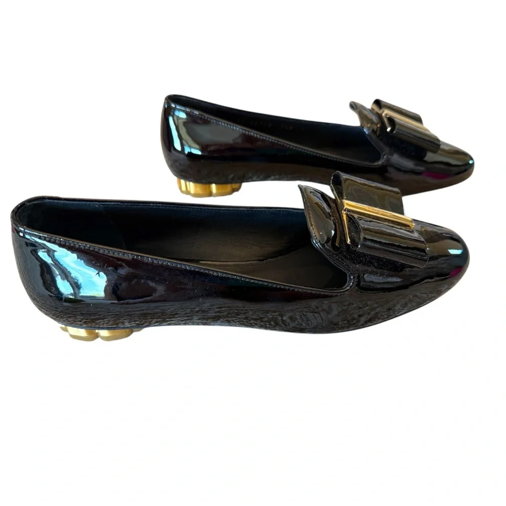 Salvatore Ferragamo Black Patent Vara Bow Loafers with Gold Accent FITS LIKE A 7